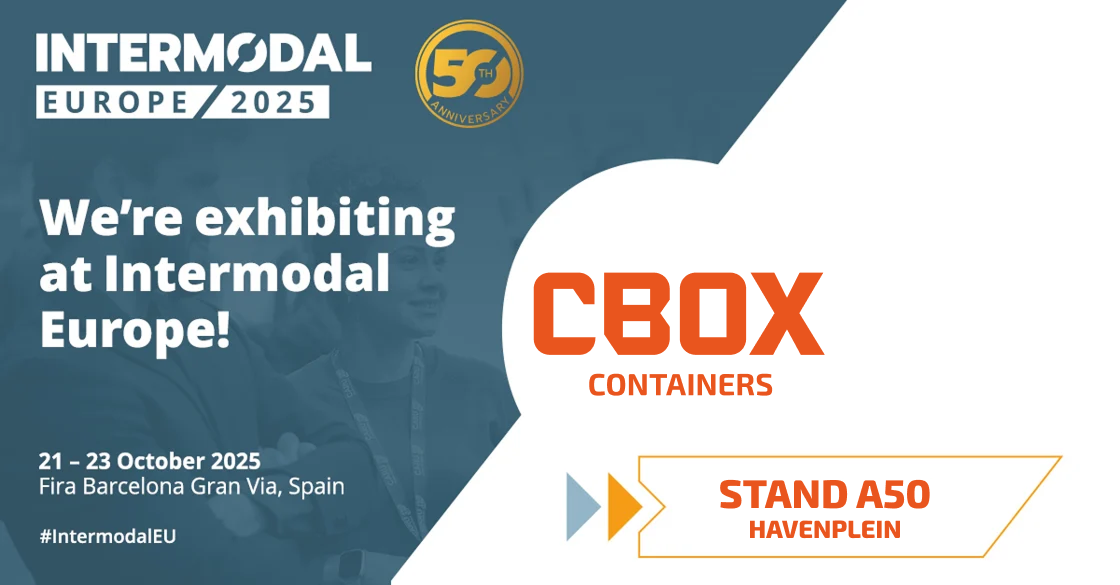 CBOX Containers-banner voor Intermodal Europe 2025, Stand A50 &ndash; Havenplein, Barcelona.