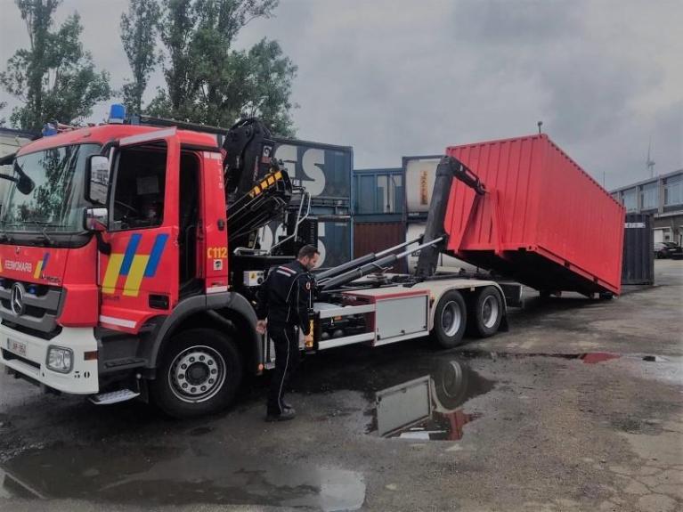 Red container with sled for fire brigade | CBOX Containers